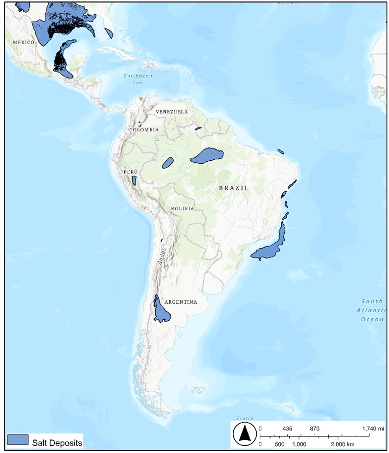 Salt deposits with salt domes (black areas in blue areas) in Latin America