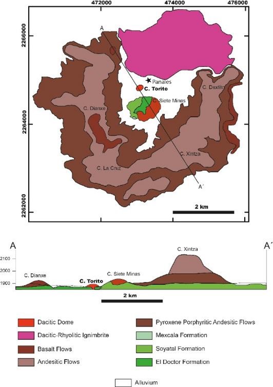 General geological map and cross section of the Panales caldera 